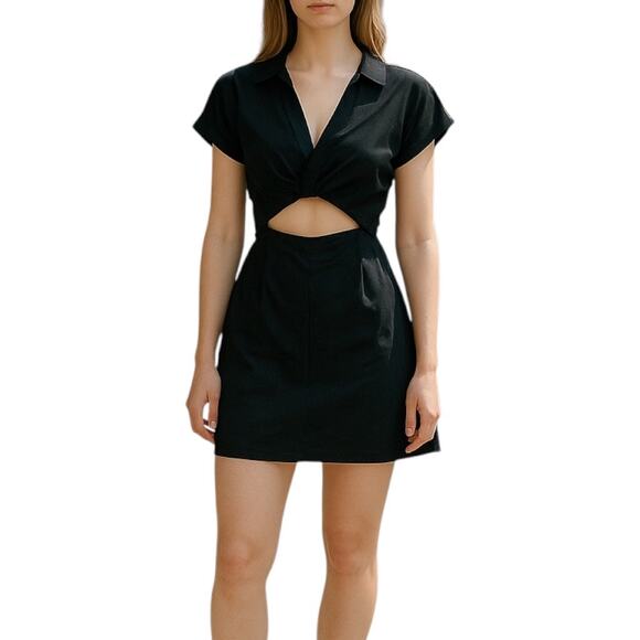 Do+Be Waist Cutout Tie Mini Dress Short Sleeve Black Size S - Picture 1 of 9
